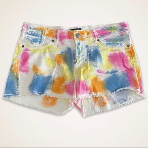 Jane Doe multi color Tie Dye Color Splash fringe Hem denim Shorts size 11.